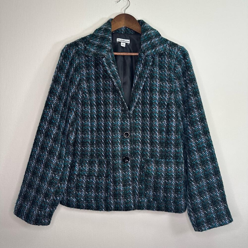 Croft & Barrow Blue & Black Plaid Tweed Button Up Blazer